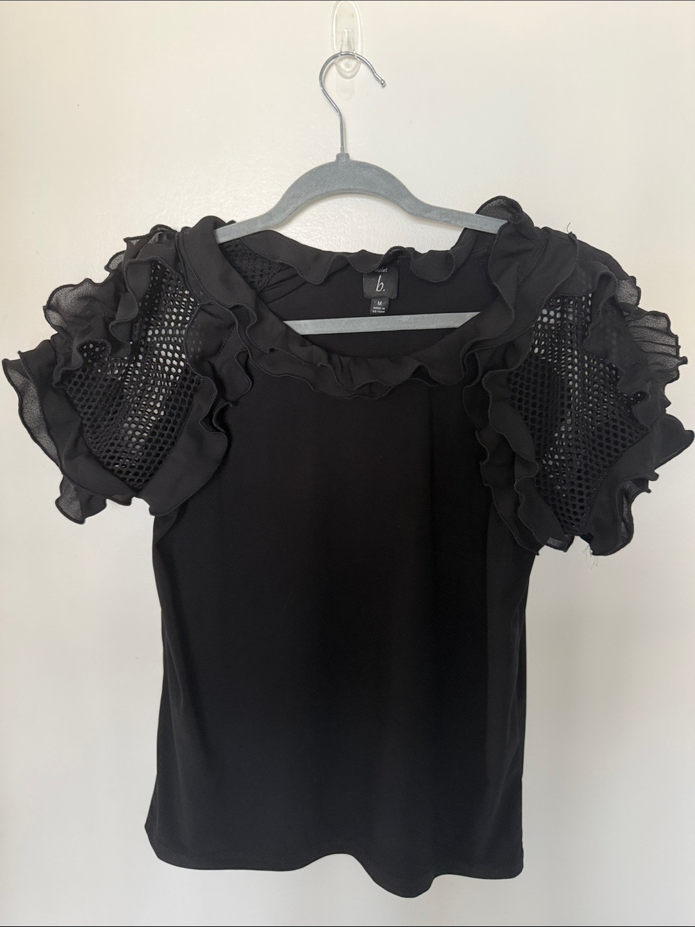 Violet B. Black Ruffle Neck Top Mesh Flutter Sleeve M